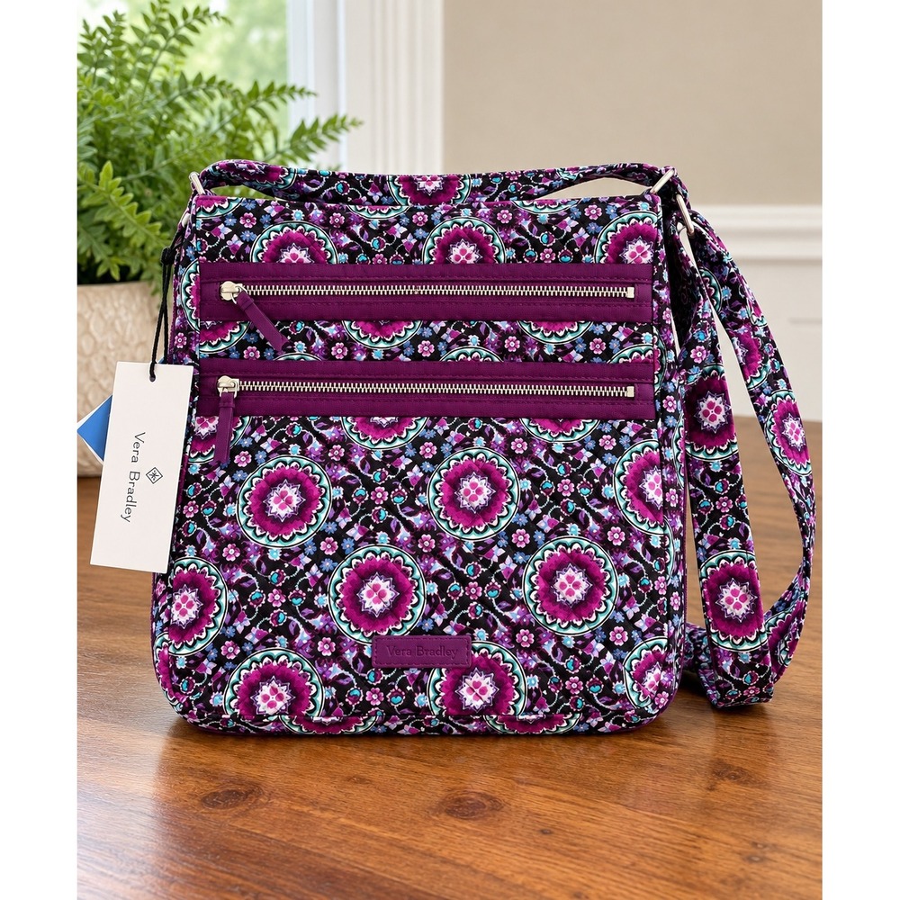Vera Bradley Iconic Triple Zip Hipster Crossbody Bag Purple Floral Medallion NWT